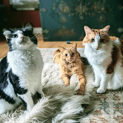 three cats during a home pet care visit in West linn